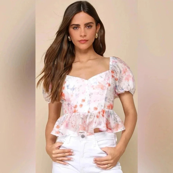 Darling Potential Ivory Floral Chiffon Bustier Puff Sleeve Top - Picture 6 of 11